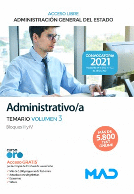 ADMINISTRATIVO/A TEMARIO VOL 3 TURNO LIBRE ADMINISTRACI�N GENERAL DEL ESTADO