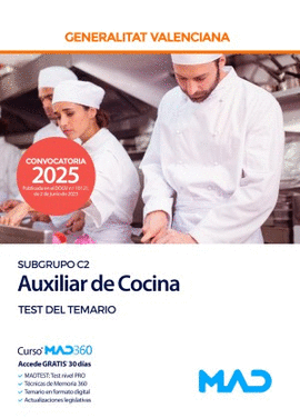 AUXILIAR DE COCINA (SUBGRUPO C2) TEST DEL TEMARIO GENERALITAT VALENCIANA